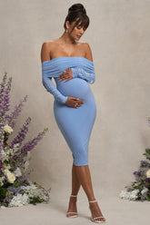 Powder Blue Maternity Ruched Mesh Bardot Midi Dress